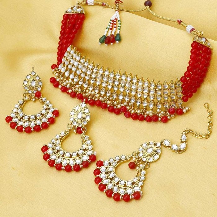 Sukkhi Kundan Modish Gold Plated Red Choker Necklace Set for women Code: N73502