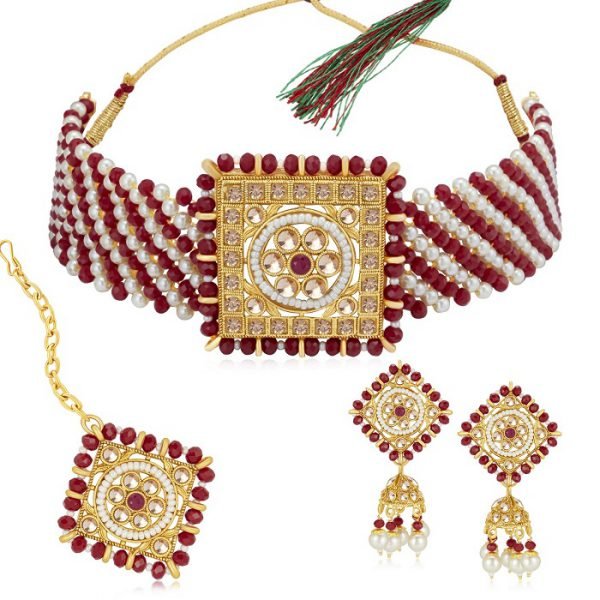Sukkhi Lavish LCT Gold Plated Maroon & White Pearl Choker Necklace Set for Women Code: SKR70407