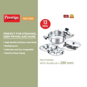 Prestige 36017 SS Multi kadai 28 cm with glass lid Induction & Standard Idli Maker