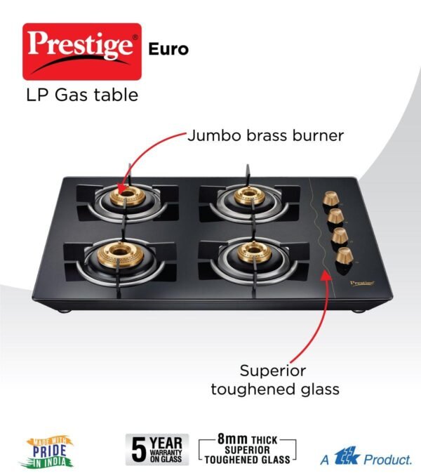 Prestige 40367 Euro Glass Top Gas Stove With Toughened Glass Top, 4 Burners