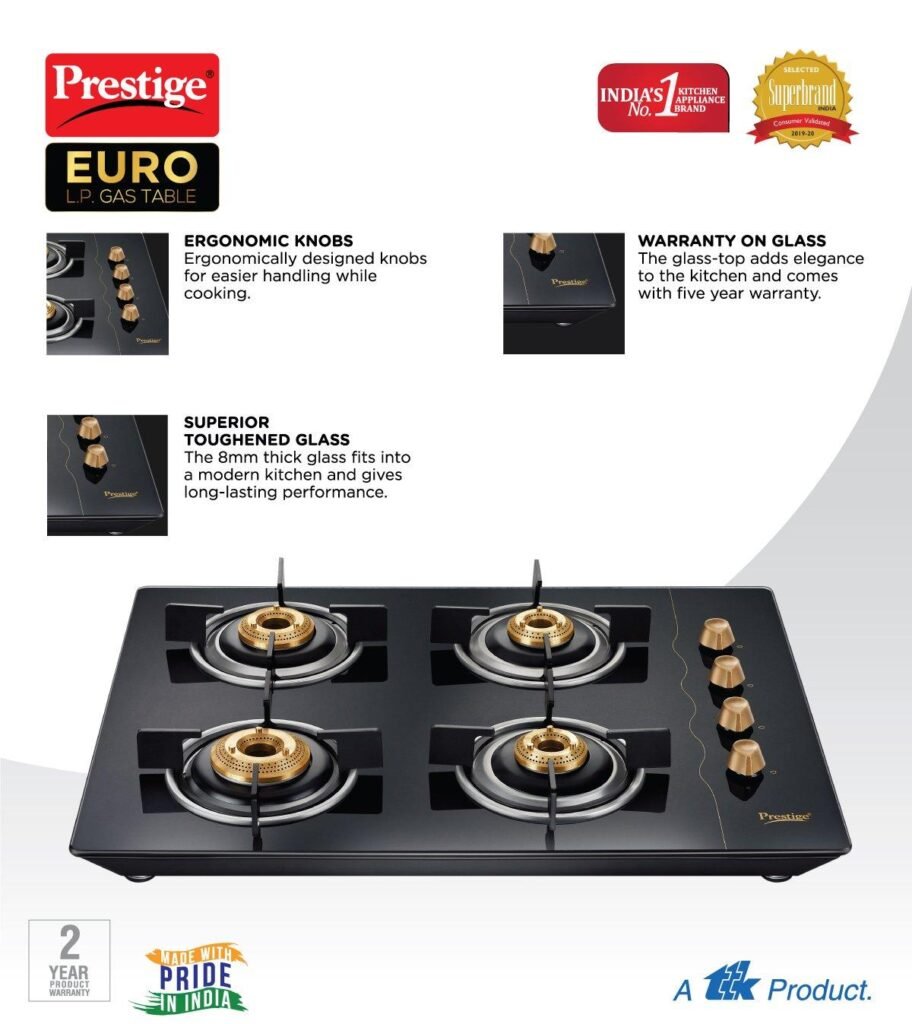 Prestige 40367 Euro Glass Top Gas Stove With Toughened Glass Top, 4 Burners