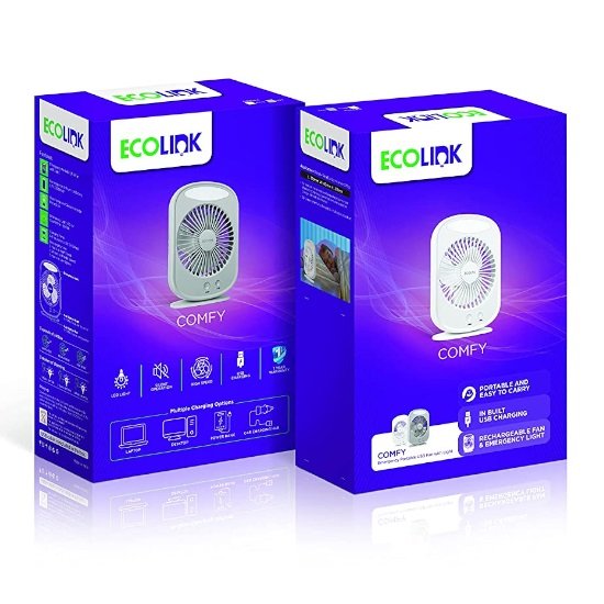 EcoLink Comfy Rechargeable Fan USB With Light (Medium, Grey )